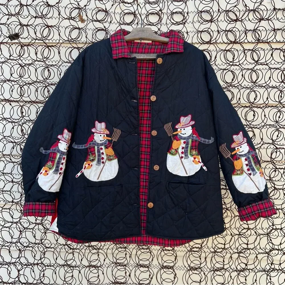 Vintage Americana appliqué snowman quilted jacket reversible w black red plaid